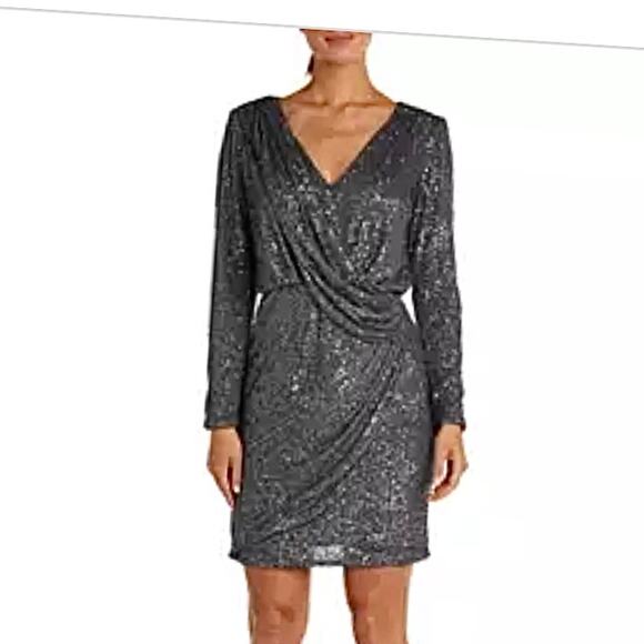 NW Nightway Long Sleeve Mock Wrap Dress Gun metal sequins size 8 - Picture 1 of 7